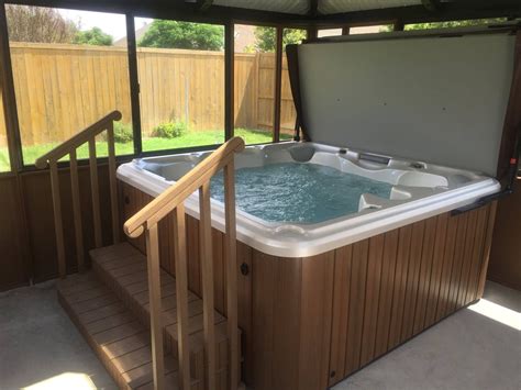 Two Tier Enclosed Piano Key Step With 2 Handrails Hot Tub Backyard