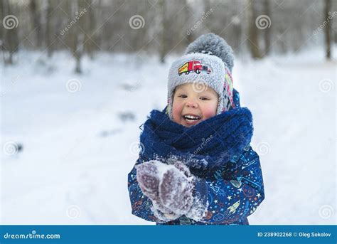 Little Boy Walk Winter In The Snowy Forest Stock Photo Image Of