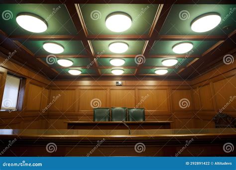A Courtroom Witness Box Empty Under Ceiling Lights Stock Photo - Image