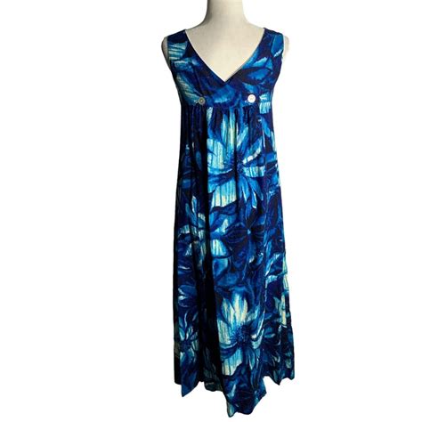 Vintage Karen Ann Hawaiian Bark Cloth Dress S Blue Fl Gem