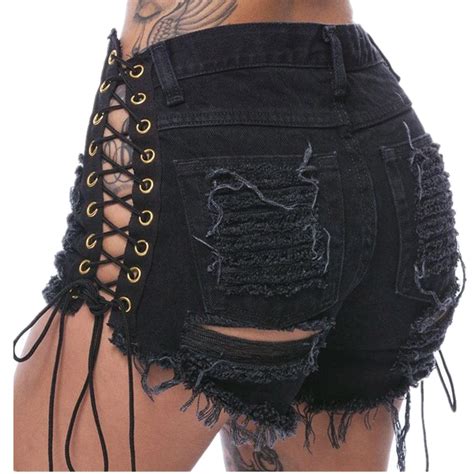 Women Tassel Short Jeans Woman Punk Style Lace Up Black Denim Shorts Sexy Hole Ripped Shorts
