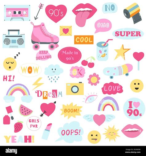 Fashion Collection Of 90s Girly Stickers Vector Illustration Of Hand