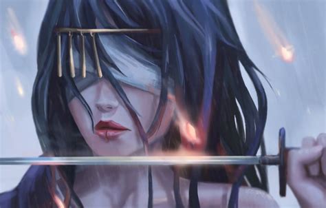 Wallpaper Girl Sword Fantasy Rain Digital Art Artwork Warrior