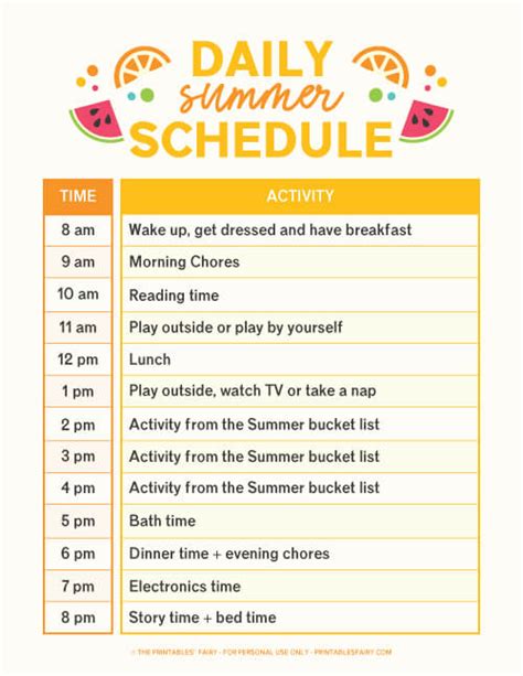 Summer Daily Schedule Template For Kids