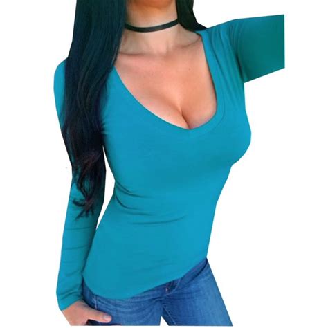 kaylee xo women s long sleeve v neck low cut sexy solid stretchy shirt top