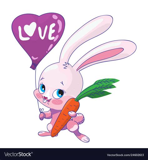 Cute Pink Bunny With Carrots And A Balloon With Vector Image