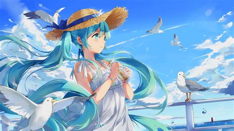 Wallpaper Vocaloid Sea Seagulls Blue Hair Clear Sky Anime Girls