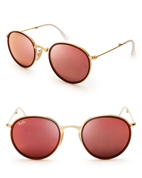 Ray Ban Foldable Round Mirrored Sunglasses 48mm In Gold For Men Gold Pink Mirror Lyst