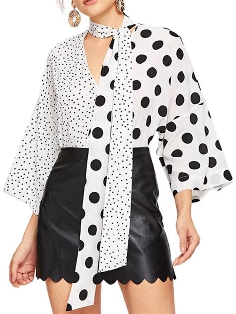 lace up v neck asymmetric patchwork polka dot shirt womens casual outfits dots fashion fashion
