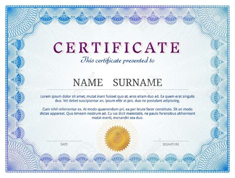Certificate Template With Guilloche Elements Blue Diploma Border In