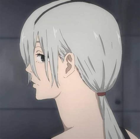 An Anime Character With White Hair And Gray Eyes Looks Off To The Side