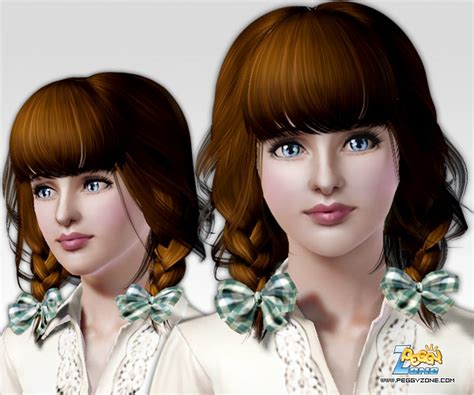 Double Braid With Bangs And Bows Id 49 By Peggy Zone Sims 3 Hairs