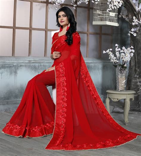 Red Embroidered Georgette Saree With Blouse Granthva Fab 2767148
