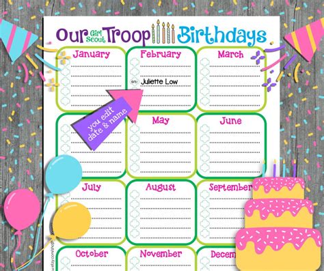 Troop Birthday Calendar Girl Scouts Fillable Customize Edit Etsy