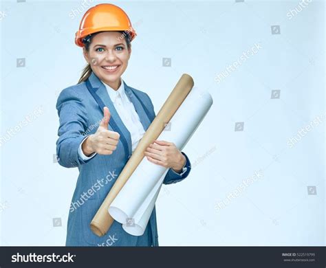 Smiling Engineer Architect Woman Showing Thumb Up Isolated Portrait