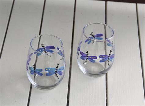 Fanciful Dragonfly Hand Painted Stemless Wine Glasses Set Of Etsy