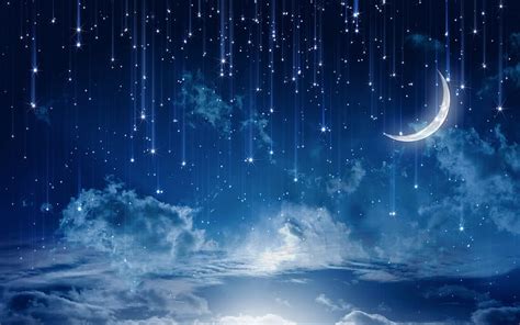 Caída De Estrellas Estrellas Que Caen Media Luna Noche Azul Nubes