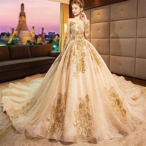Luxury Gorgeous Gold 2019 Wedding Dresses A Line Princess Scoop