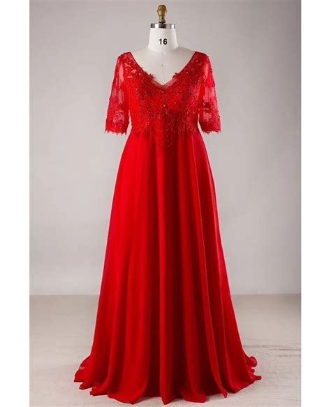 Plus Size Red Lace Empire Waist Long Chiffon Formal Dress With Lace Sleeves Mn047