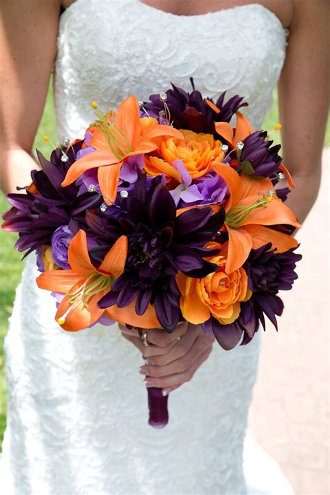 Orange And Plum Purple Wedding Bouquet With Diamonds Orange Lily And