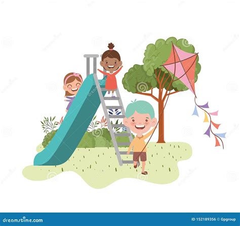 Group Of Baby In Park Of Play With Slide Stock Vector Illustration Of