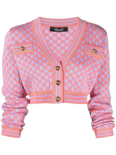 Versace Checkerboard Knit Cropped Cardigan Pink Editorialist