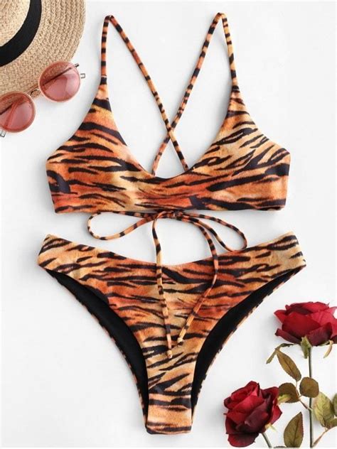 Tiger Print Lace Up Reversible Bikini Swimsuit Multi A Off New