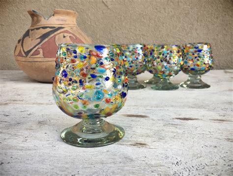 Two Mexican Blown Glass Cordial Glasses Goblets Speckled Glass Hand Blown Glass Barware