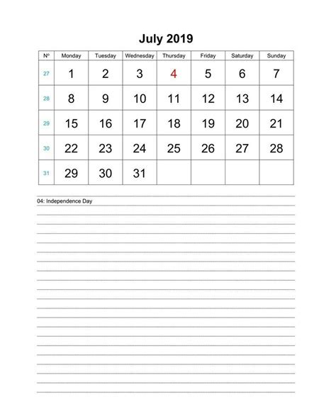 July Weekly Calendar Printable