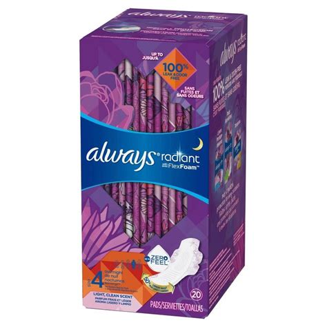 Always Radiant Size 4 Scented Overnight Sanitary Pads With Wings 20ct