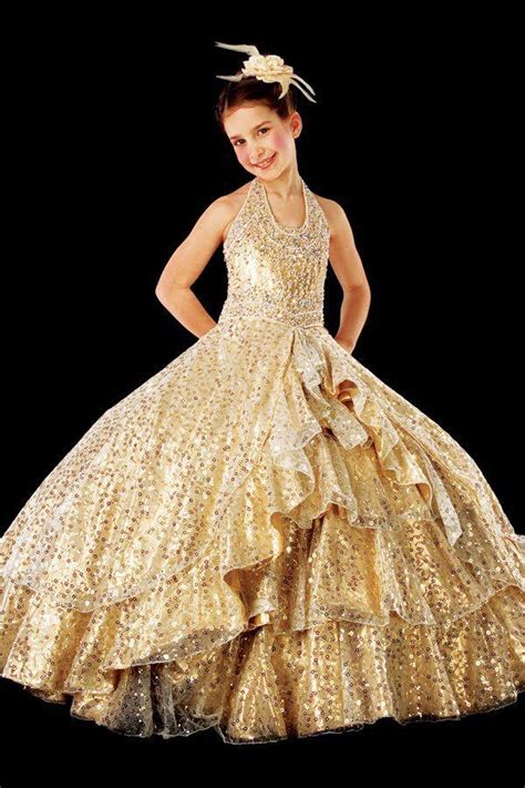 2014 Ball Gowns Girls Pageant Dresses Halter Beaded Sequins Gold Floor