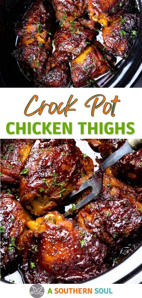 Crock Pot Chicken Thighs In A Slow Cooker With Text Overlay That Says
