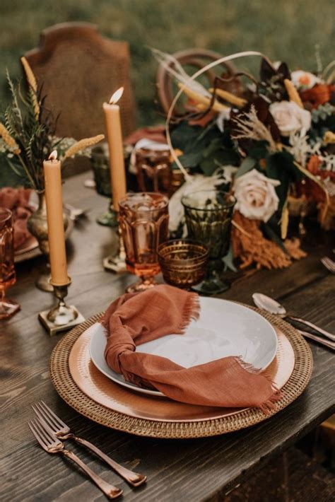 Stylish Fall Wedding Table Setting In Earthy Warm Copper Terra Cotta