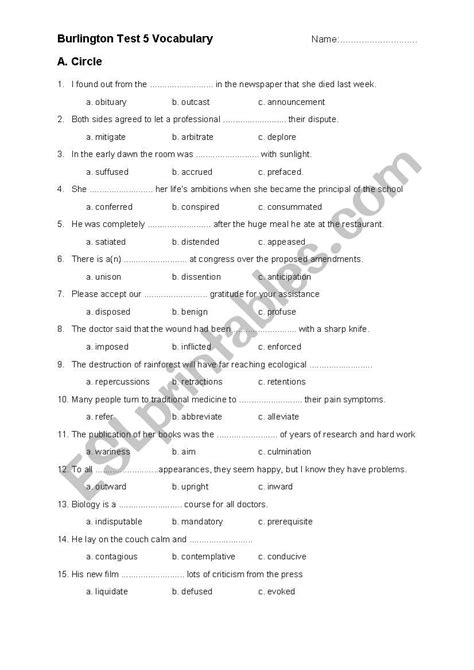 Vocabulary Test 3 Esl Worksheet By Evilina