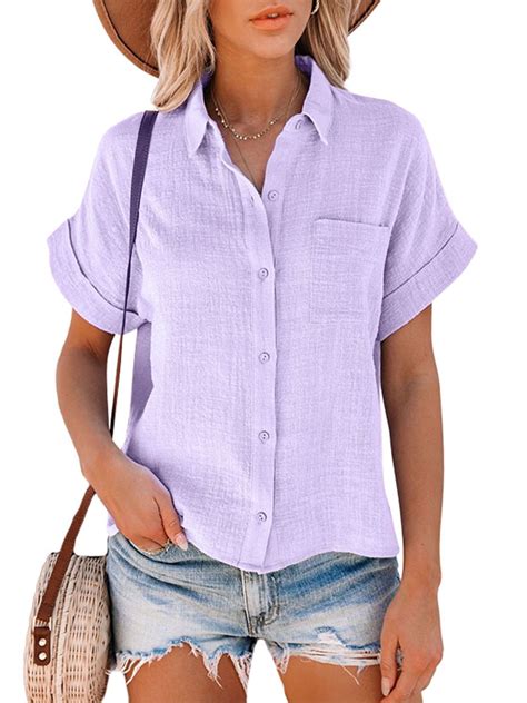Summer Button Up Shirts For Women Casual Short Sleeve Plain Lapel Neck