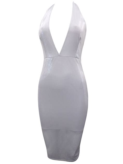 Boohoo B00h00 Silver Halterneck Backless Bodycon Dress Size 8 To 14