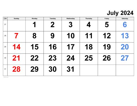 2024 Calendar Weeks Per Month Calendar Printable Free July Calendar 2024