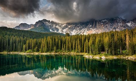 Lake Forest Mountain Clouds Water Green Reflection Trees Snowy Peak Alps Italy Nature Landscape