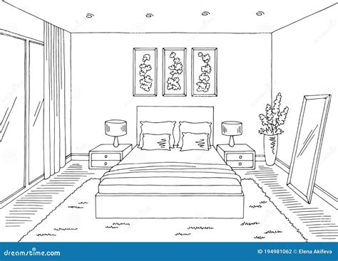 Dormitorio Gráfico Blanco Negro De La Casa De La Habitación De La Ilustración Del Dibujo
