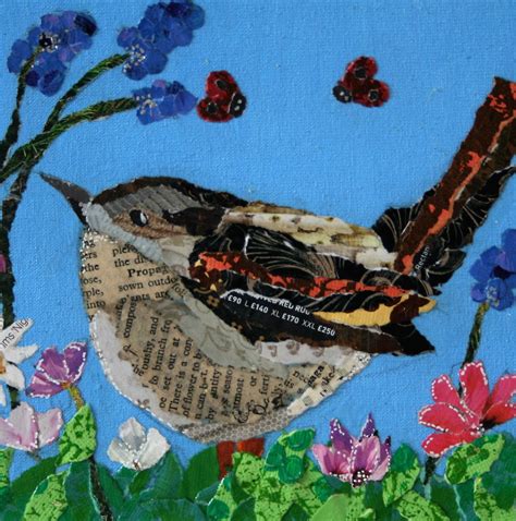 Wren And Dancing Ladybirds Hand Painted And Found Torn Paper Collage