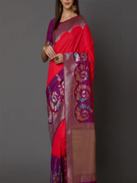 Buy Mitera Pink And Magenta Silk Blend Woven Design Banarasi Saree