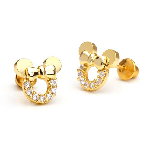 14k Gold Plated Brass Mouse Cz Screwback Baby Girl Earrings Sterling S