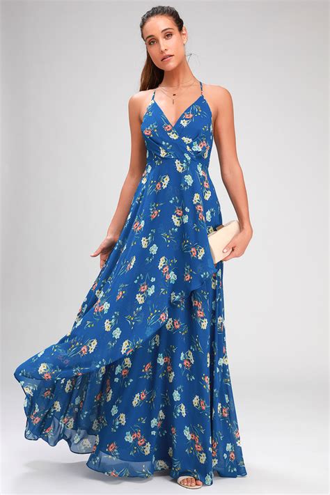 Lovely Royal Blue Floral Print Dress Surplice Maxi Dress Maxi Lulus