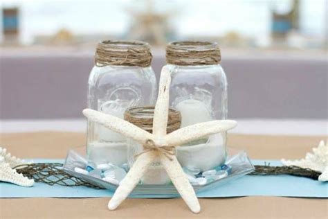 Beach Centerpiece Mason Jars Starfish Twine Candles And Glass Beads