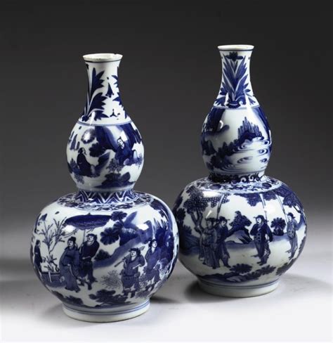 Two Chinese Transitional Blue And White Double Gourd Vases