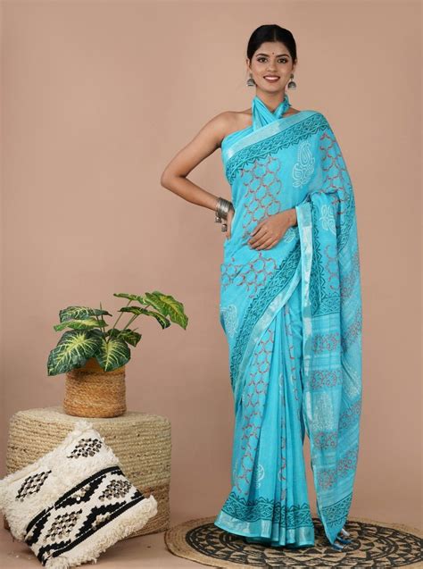 shivanya handicrafts women s linen hand block printed saree with blouse piece cl 025 at rs 650