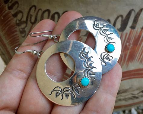 Stamped Sterling Silver Turquoise Hoop Earrings By Navajo Arnold