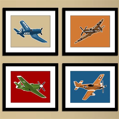 Airplane Nursery Art Set Of 4 Custom Color Vintage Air Etsy
