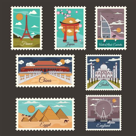 Travel Stamp Sticker With Cartoon Landmark In Seven Different Country