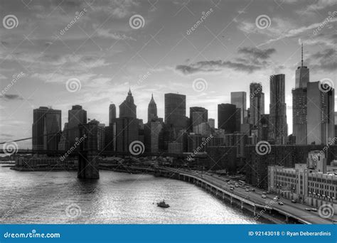 Black And White Skyline Of Manhattan Skyscrapers In New York Cit Stock